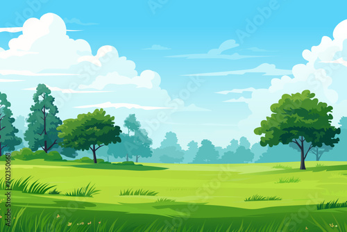 Beautiful landscape of a summer meadow with green grass and trees against the backdrop of beautiful airy clouds. Summer vector illustration.