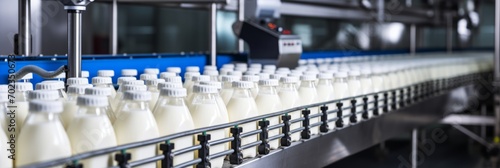 Automated process of filling milk or yogurt into plastic bottles at a modern dairy plant