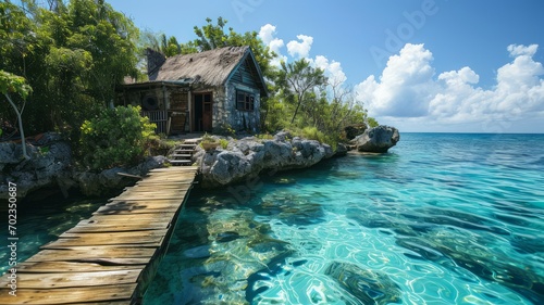 Cabin on an island with turquoise blue sea