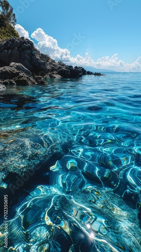 Photo of a turquoise blue sea with rocks