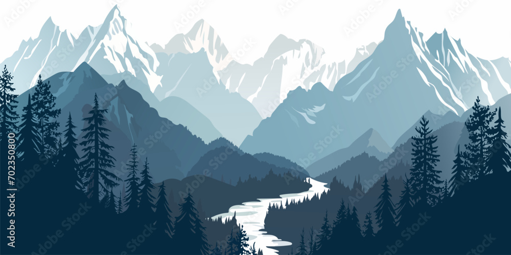 Beautiful landscape of silhouettes of high mountains and trees with an ...