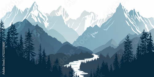 Beautiful landscape of silhouettes of high mountains and trees with an amazing river. Panoramic landscape of large snow-capped mountains and forest silhouettes.