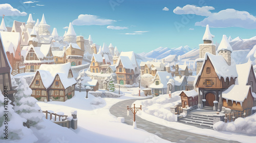Snowy Winter Hamlet with Cozy Chalets and Alpine Mountains in the Distance © Franklin