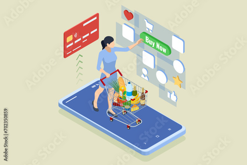 Isometric Online Shopping Store on Website and Mobile Phone design. Payment Approved, online card Payment, Online Marketing Smartphone device with receipt.
