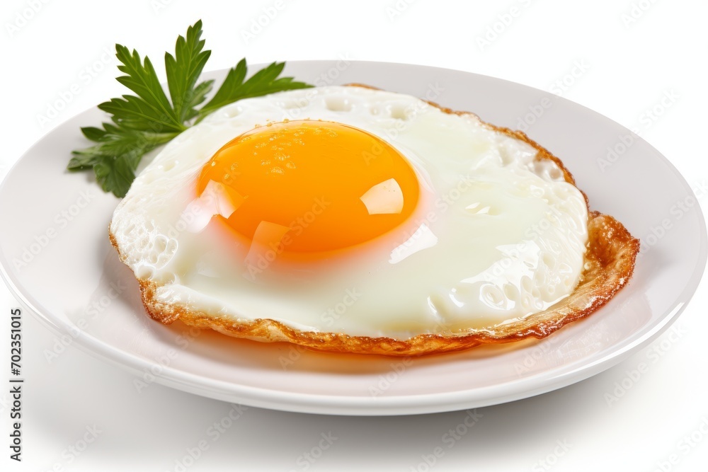 Mouth watering fried egg with golden yolk on white plate isolated on white background Mouth watering fried egg with golden yolk on white plate isolated on white background
