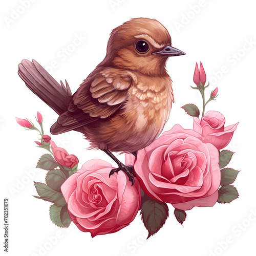 Bird sitting on a branch of a rose bush. AI generated image © Fomo Creative