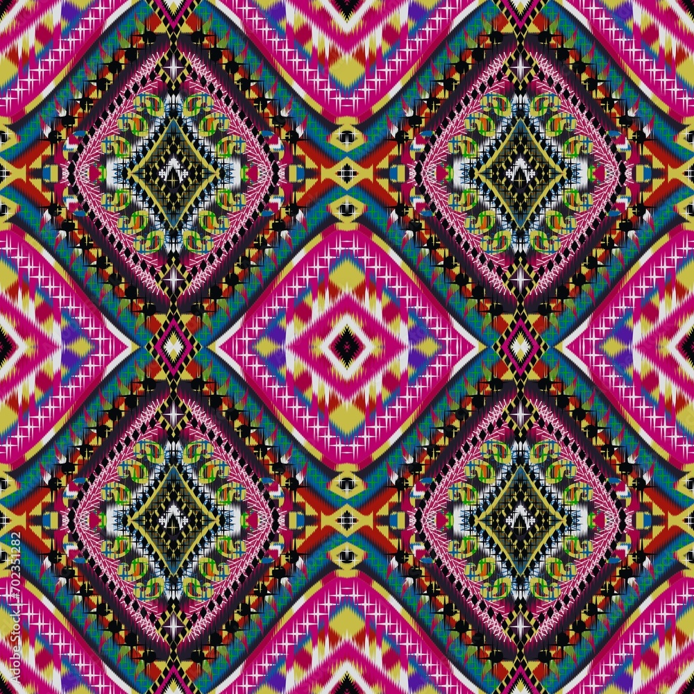 Geometric ethnic oriental ikat seamless pattern traditional design for background, carpet, wallpaper, clothing, wrapping, batik, fabric, vector illustration embroidery style.