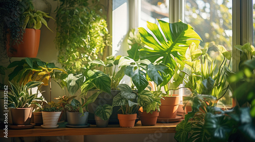A variety of green home plants in clay pots stand next to the window in the bright sun.