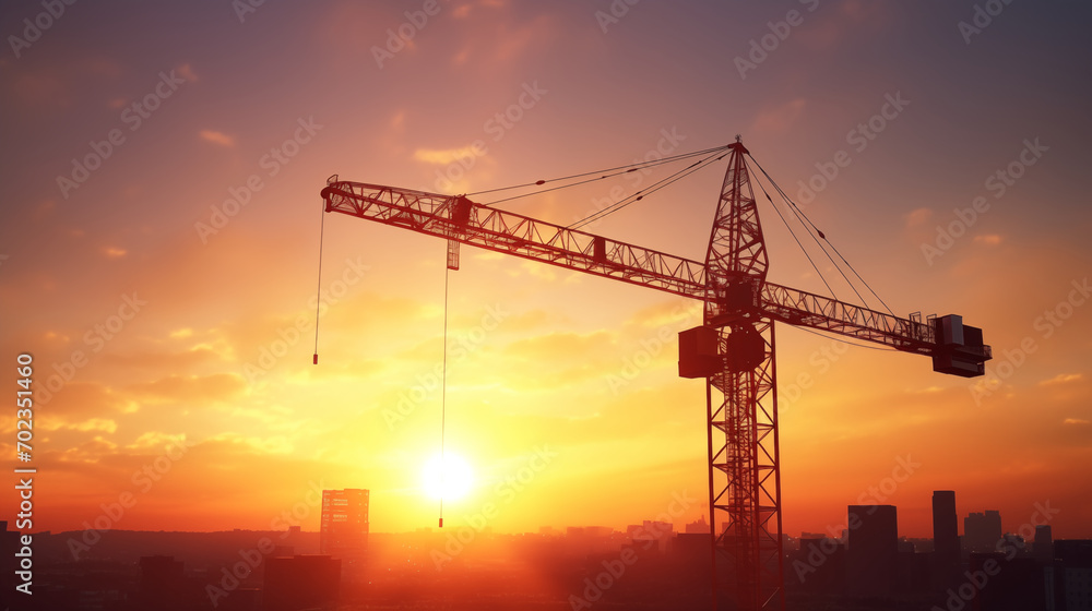 Realistic Construction Crane Silhouetted Against a Vibrant Sunset Sky