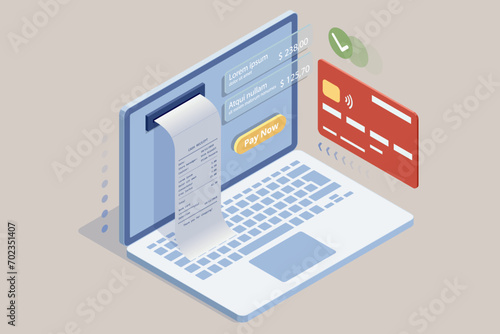 Isometric Online Shopping Store on Website and Mobile Phone design. Payment Approved, online card Payment, Online Marketing Smartphone device with receipt.