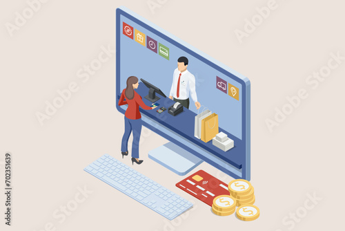 Isometric Online Shopping Store on Website and Mobile Phone design. Payment Approved, online card Payment, Online Marketing Smartphone device with receipt.