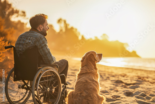 Young man in wheelchair with his dog on trip looking at sunset seashore and enjoying fresh sea air and beautiful view. concept of a happy, fulfilling life for people with disabilities