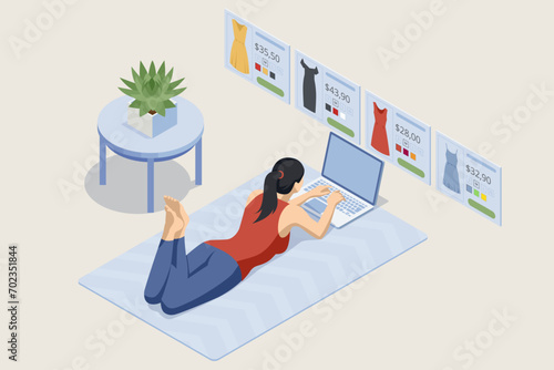Isometric Online Shopping Store on Website and Mobile Phone design. Payment Approved, online card Payment, Online Marketing Smartphone device with receipt.