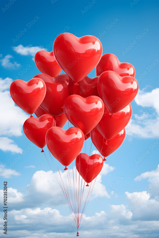 A bunch of heart shaped balloons in the blue sky. St Valentines Day celebration