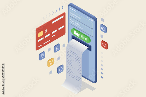 Isometric Online Shopping Store on Website and Mobile Phone design. Payment Approved, online card Payment, Online Marketing Smartphone device with receipt.