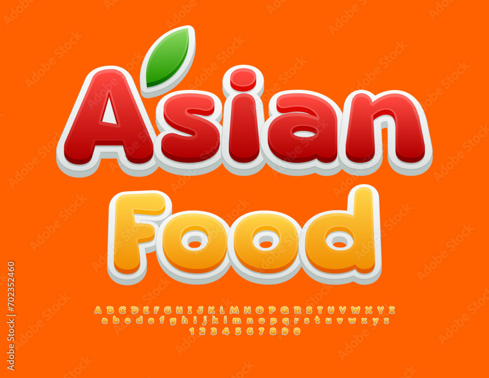 Vector modern banner Asian Food. Cute Yellow 3D Font. Creative Alphabet Letters and Numbers set.