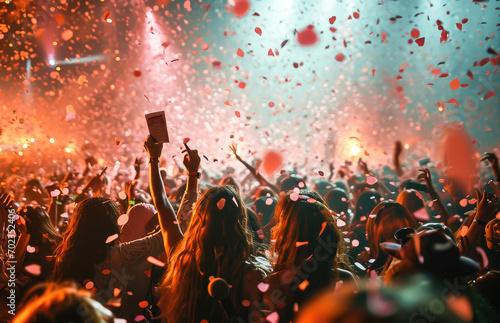 Excited crowd at a live concert with hands raised and confetti flying, capturing the energy and joy of a music festival.