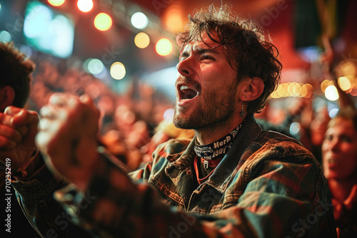 Vibrant image of an excited young man cheering at a live music concert among a crowd of fans.