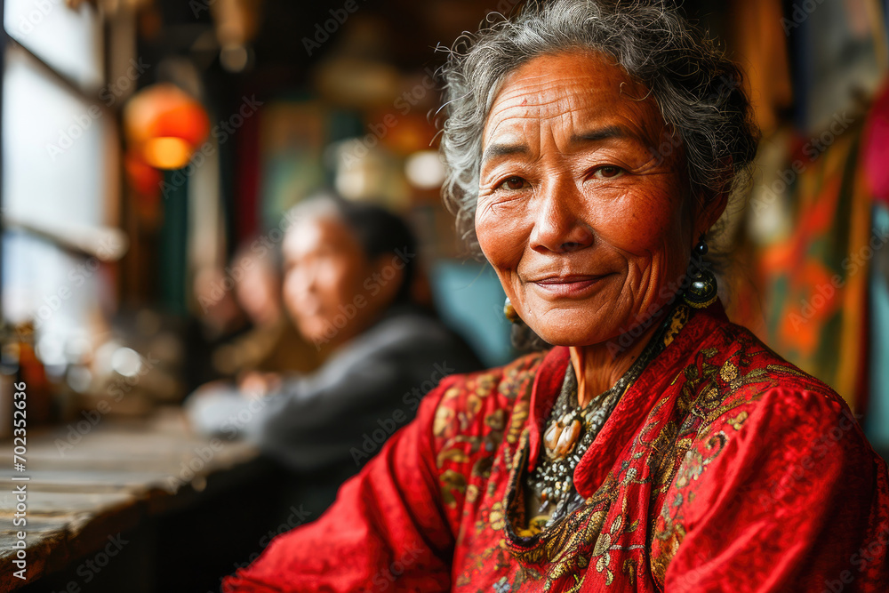 Portrait of a dignified elderly Asian woman in traditional attire, with an authentic warm smile and a look of wisdom.