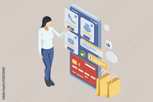 Isometric Online Shopping Store on Website and Mobile Phone design. Payment Approved, online card Payment, Online Marketing Smartphone device with receipt.