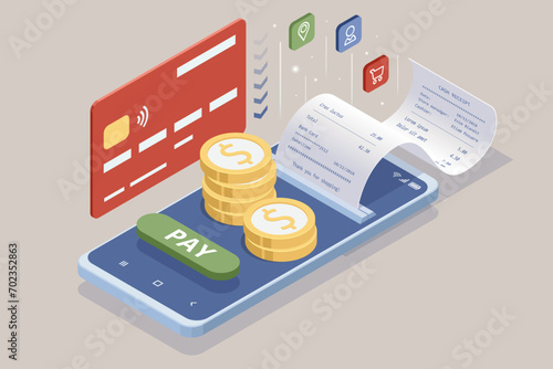 Isometric Online Shopping Store on Website and Mobile Phone design. Payment Approved, online card Payment, Online Marketing Smartphone device with receipt.