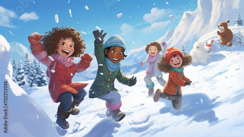 Diverse Group of Children Enjoying a Snowy Day Outdoors
