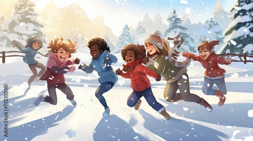 Energetic Children Engaging in a Snowball Fight Amidst a Wintry Scene