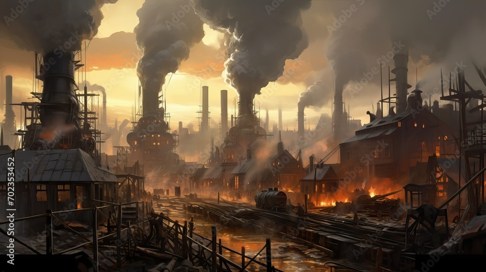 Industrial Landscape Dominated by Smokestacks and Pollution