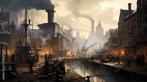 Atmospheric Industrial Revolution Era Port with Smokestacks