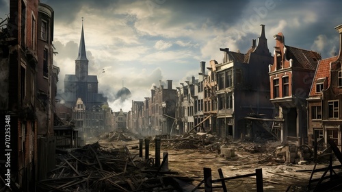 Desolate War-Torn City with Ruined Buildings and Barren Streets