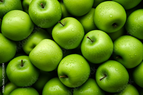 apples green fresh, drops of water, lot, in bulk, close-up background