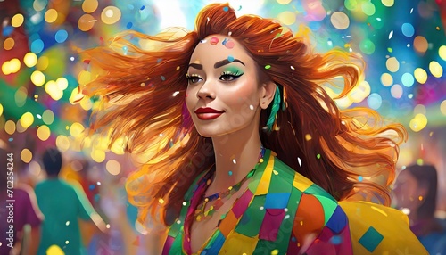 ilustração de uma mulher na festa de carnaval, com cabelos ao vento com glitter colorido photo