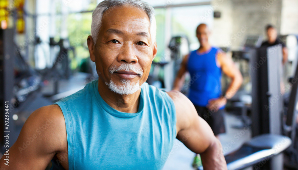 Senior man exercising in a fitness studio with his friends in the background