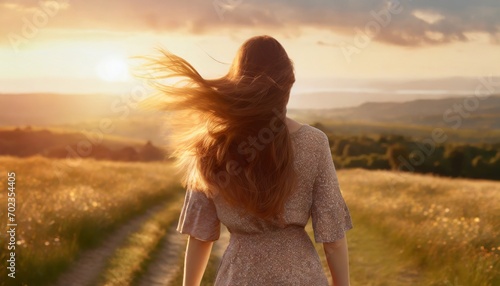 mulher jovem bonita observando as montanhas a natureza com cabelos ao vento photo