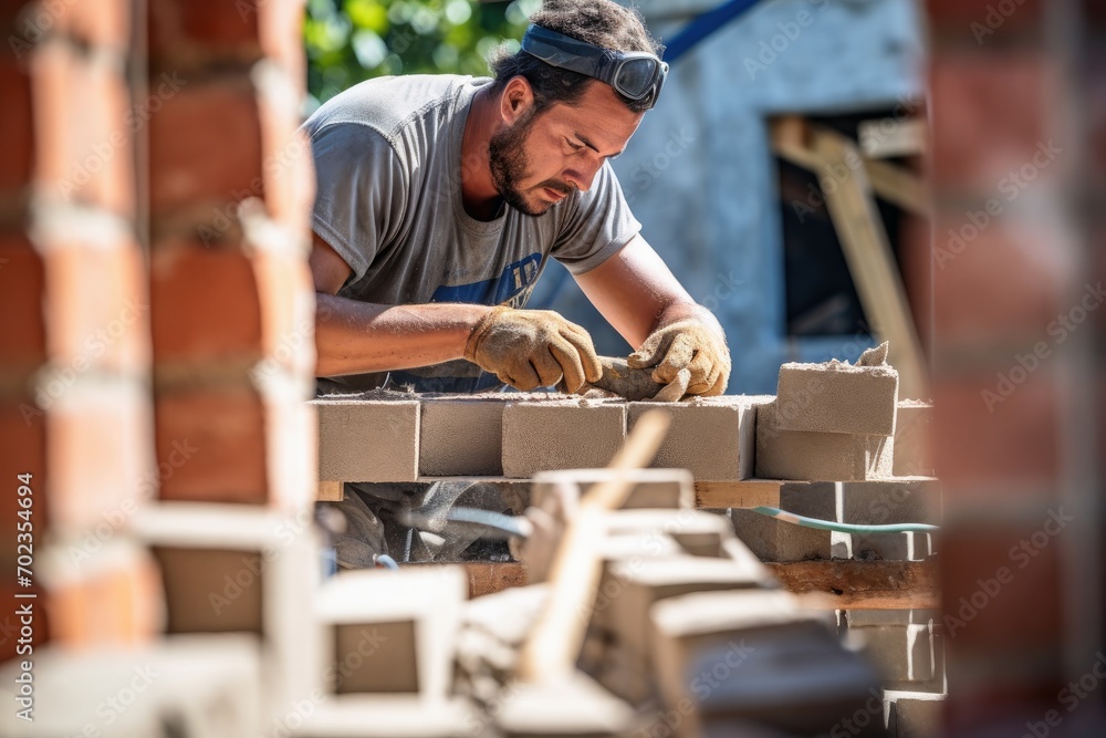 A mason at work on a house. A mason at work on a house.