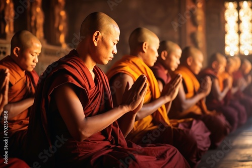 Many monks in robes pray in a temple.