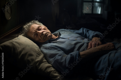 elderly man sleeping on bed in dark room, blurred background