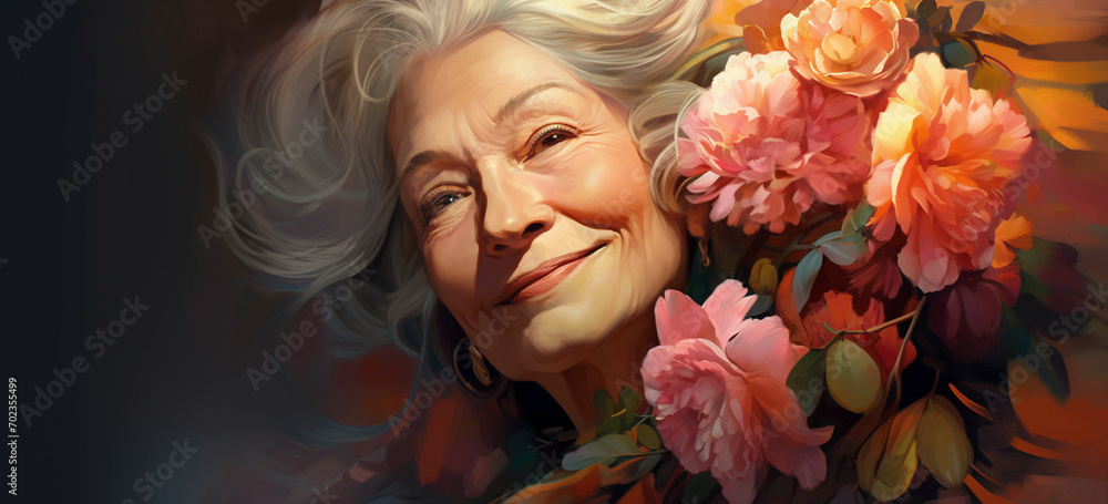 An old woman smiling with roses