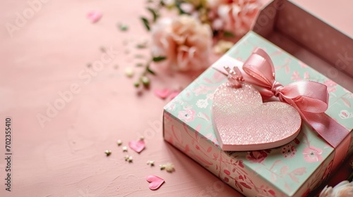 valentine's day gift .pink valentine's day gift box pink background.Lifestyle aesthetic photo, star filter. Valentine's Day, love concept, romance meeting.