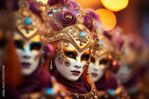 Extravagant masquerade ball at venice carnival with intricate masks and stunning costumes
