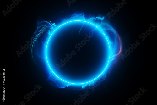 neon blue abstract circle with smoke on dark background