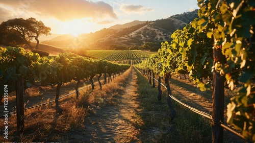 morning vineyard landscape  rows of grapevines  sunrise over vines
