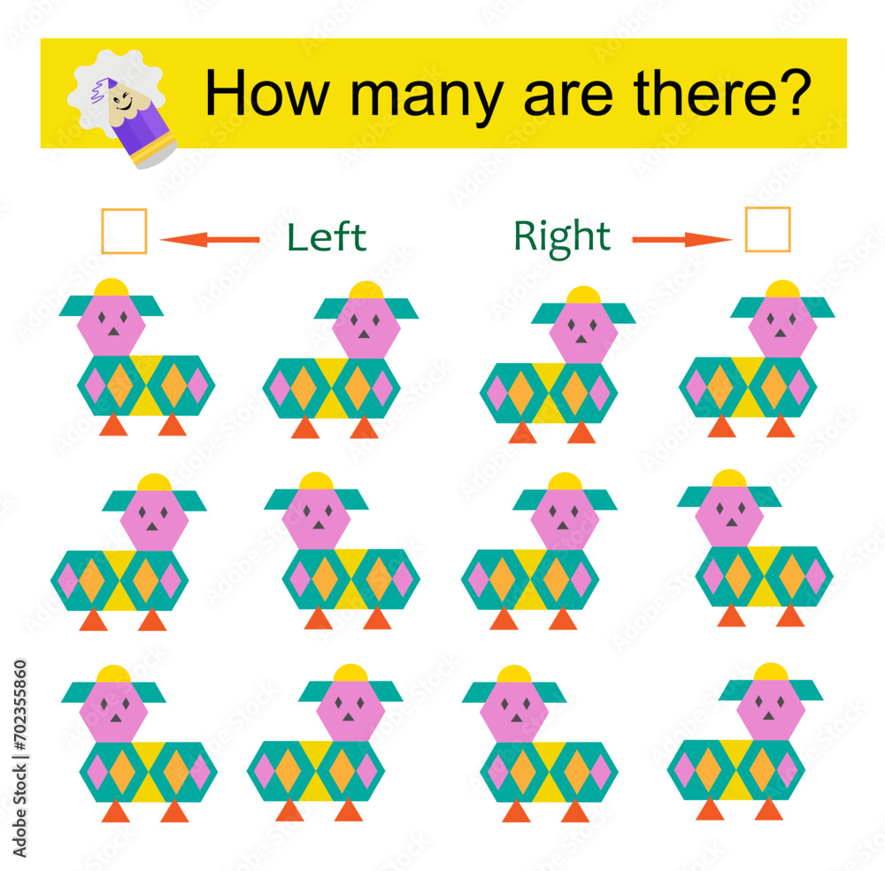 Left or Right. Educational game for kids. Count how many animals are turned left and how many are turned right.