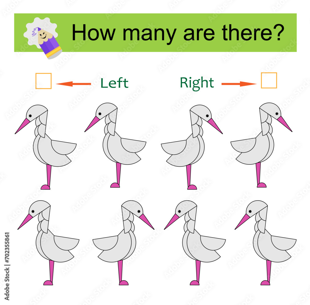 Left or Right. Educational game for kids. Count how many herons are turned left and how many are turned right. Left or Right. Educational game for kids. Count how many herons are turned left and how many are turned right.