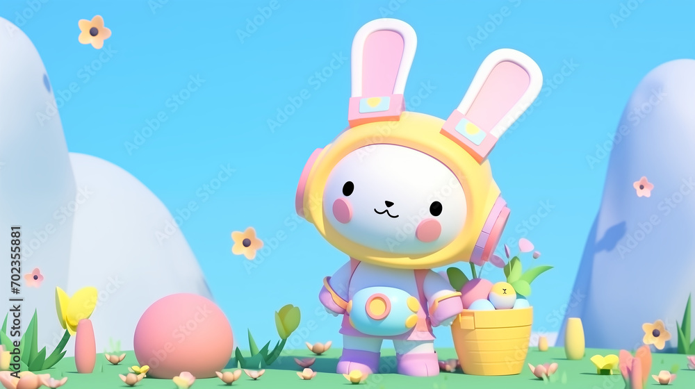 3D anime kawaii astronaut easter bunny with cute basket with eggs in a sunny green park with clear blue sky 3D anime kawaii astronaut easter bunny with cute basket with eggs in a sunny green park with clear blue sky