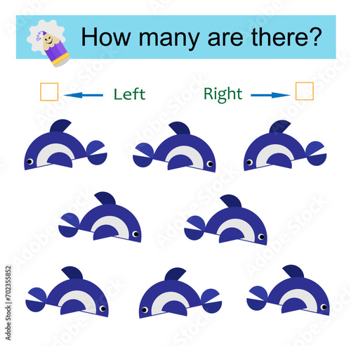 Left or Right. Educational game for kids. Count how many cartoon dolphins are turned left and how many are turned right.