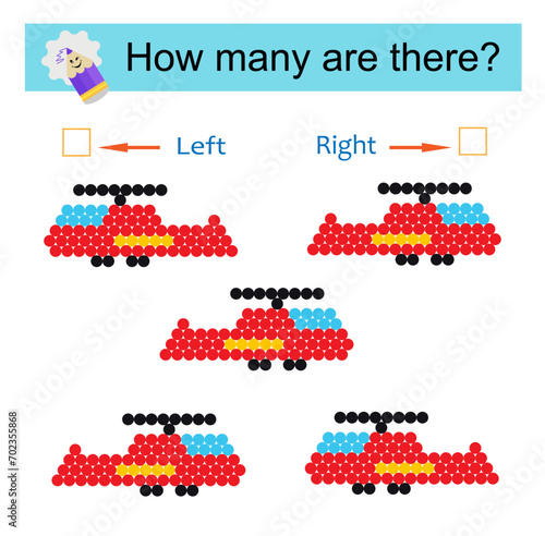 Left or Right. Educational game for kids. Count how many helicopters are turned left and how many are turned right.