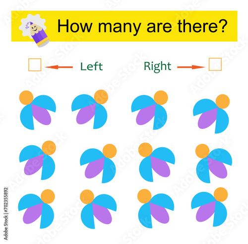 Left or Right. Educational game for kids. Count how many beetles are turned left and how many are turned right.