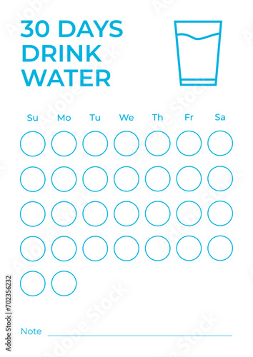 30 days drink water planner. Checklist template. (ID: 702356232)