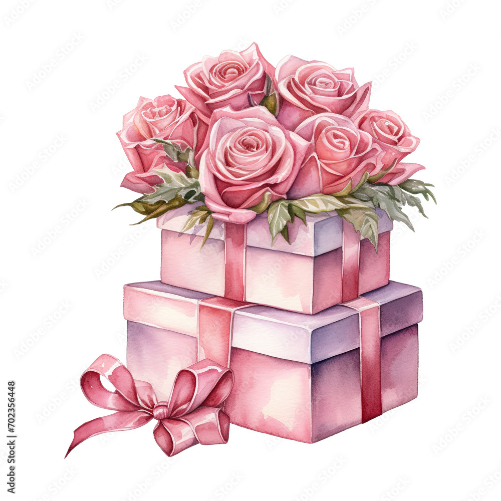 Pink roses in a pink gift box with a bow. AI generated image